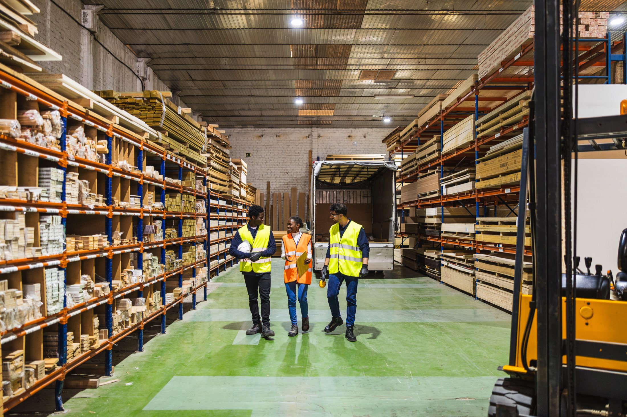 A timber and building products merchant, stock racked floor to ceiling down a long aisle.
